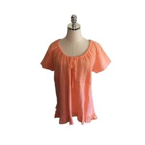 Russ Berens Top Women's Size XL Peach Pink Short Sleeves Linen Drawstring Neck